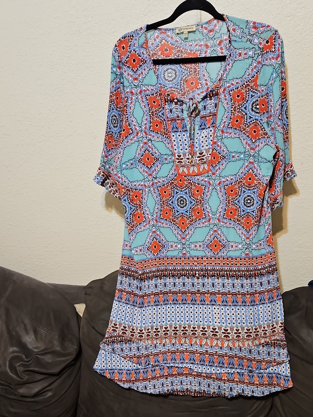 Democracy Aqua & Orange Printed Midi Dress with Tie Neck